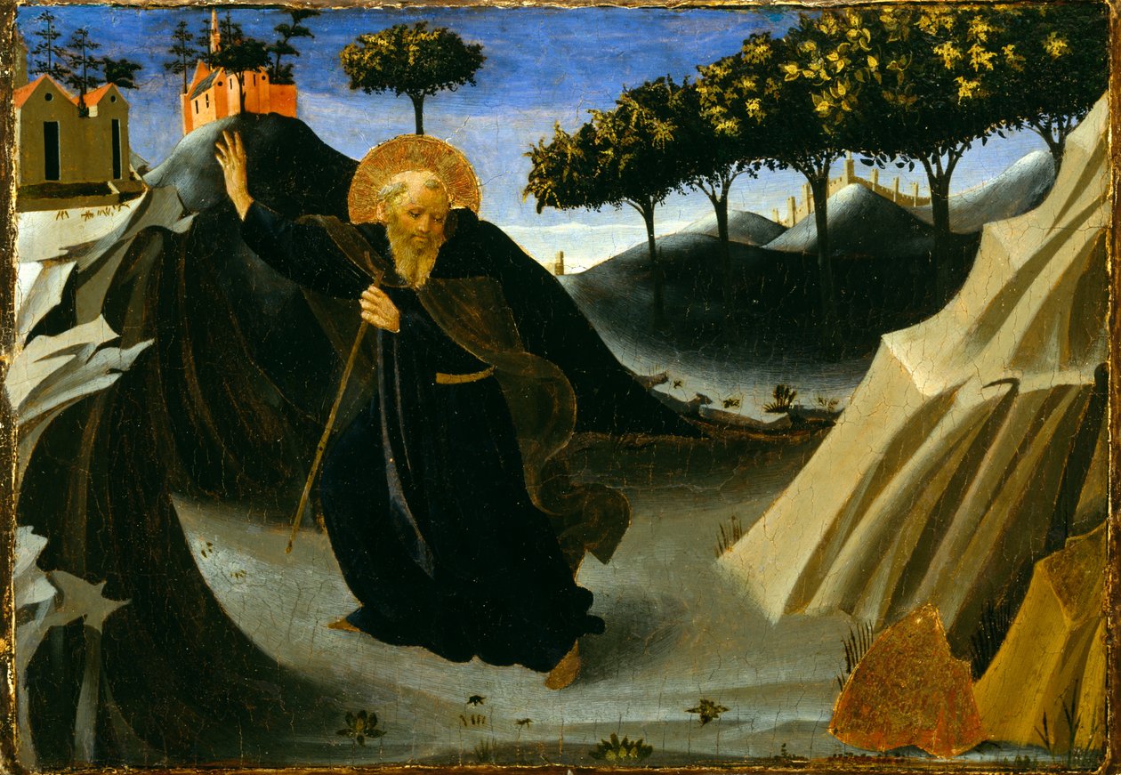 Św. Antoni opat unikający masy złota, lata 30. XIV wieku (tempera i złoty płatek na panelu) autorstwa Fra Angelico