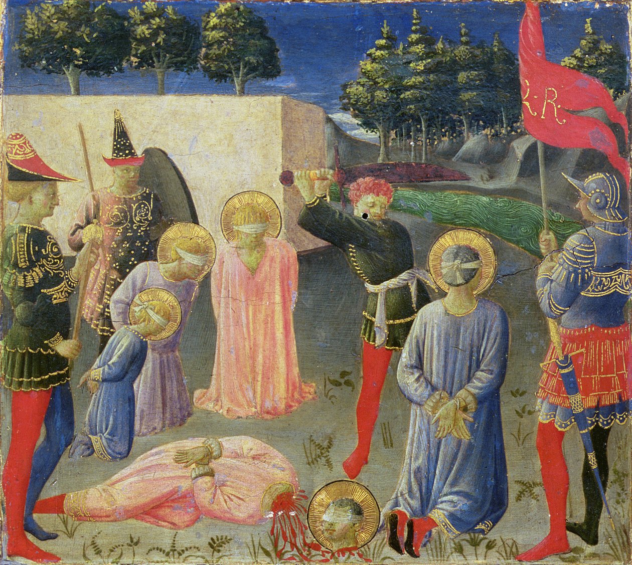 Ścięcie św. Kosmy i św. Damiana, z predelli ołtarza Annalena, ok. 1434 (tempera na desce) autorstwa Fra Angelico