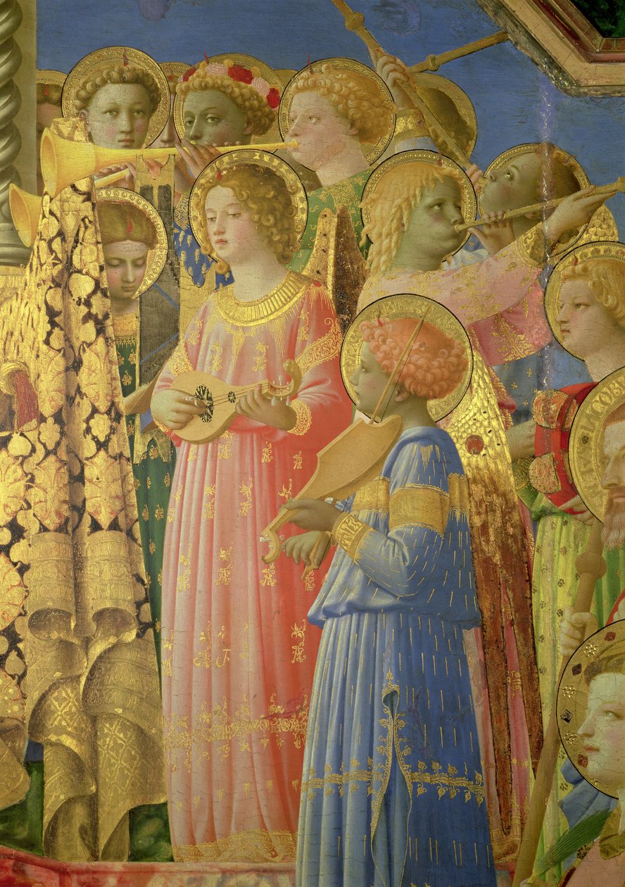 Koronacja Dziewicy, detal przedstawiający muzyczne anioły, ok. 1430-32 olej na fragmencie panelu z 60319 autorstwa Fra Angelico