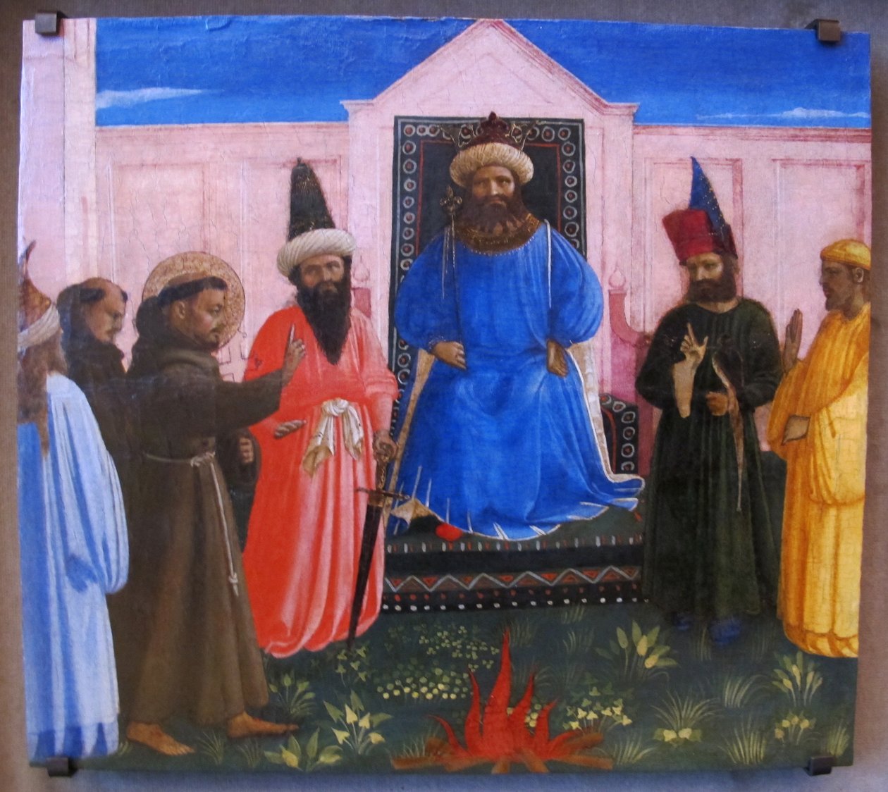 Próba ognia, św. Franciszek oferuje przejście przez ogień, aby nawrócić sułtana Egiptu (Legenda maior, IX, 8). autorstwa Fra Angelico