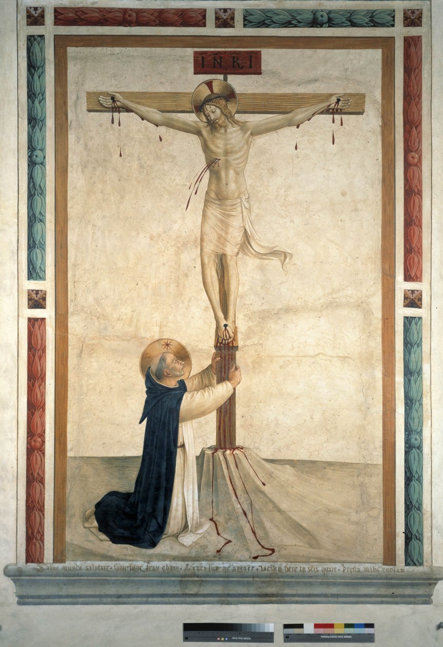 Ukrzyżowanie ze św. Dominikiem. Napis „INRI” na krzyżu, 1442 autorstwa Fra Angelico