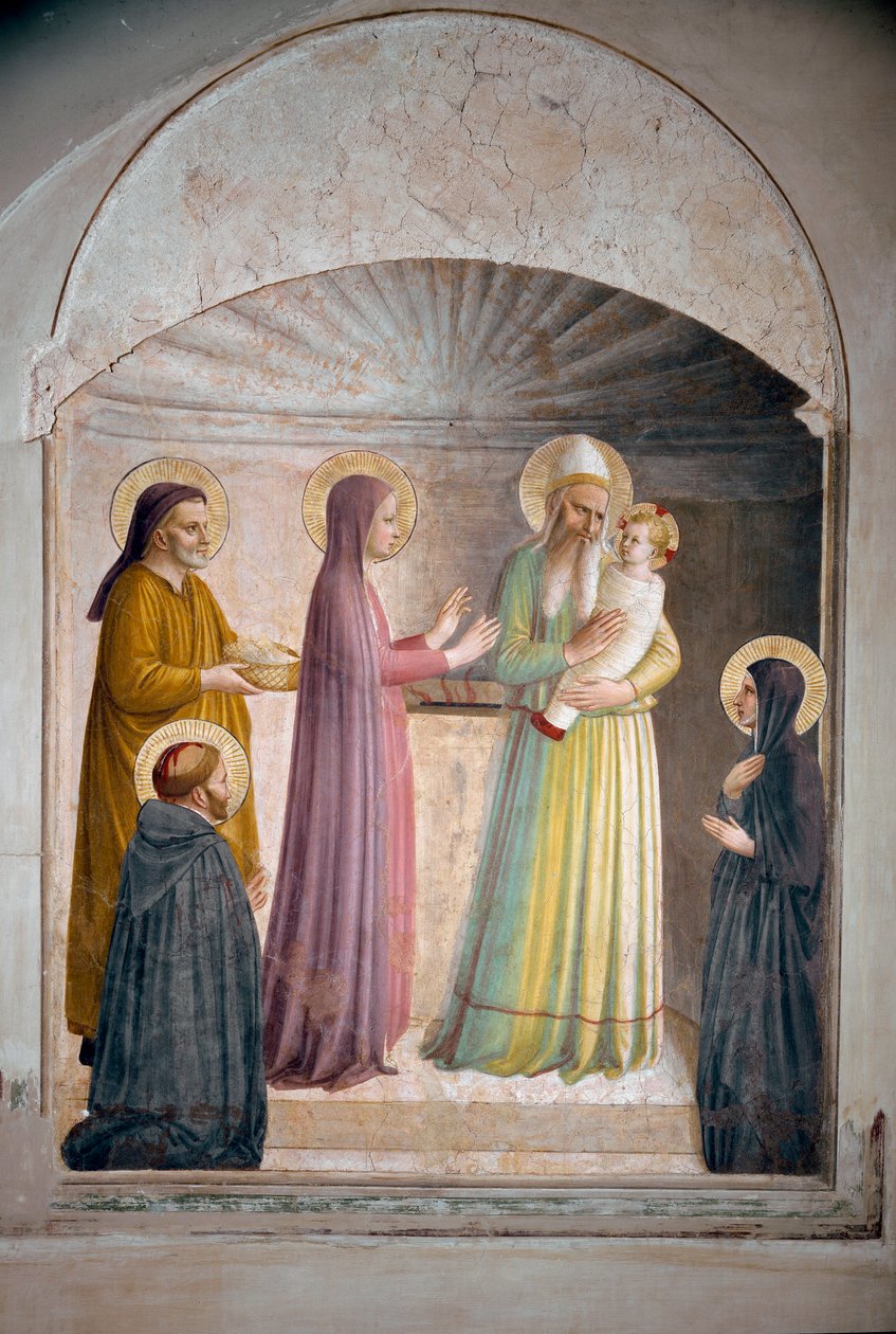 Przedstawienie Chrystusa w świątyni. Św. Piotr, męczennik i dominikanka Villana, obserwuje scenę biblijną. Fresk Guido di Pietro autorstwa Fra Angelico