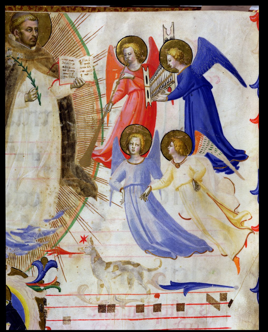 ds 558 f.67v Św. Dominik z czterema muzycznymi aniołami, z graduału z San Marco e Cenacoli, detal welinowy z 88937 i 79797 autorstwa Fra Angelico