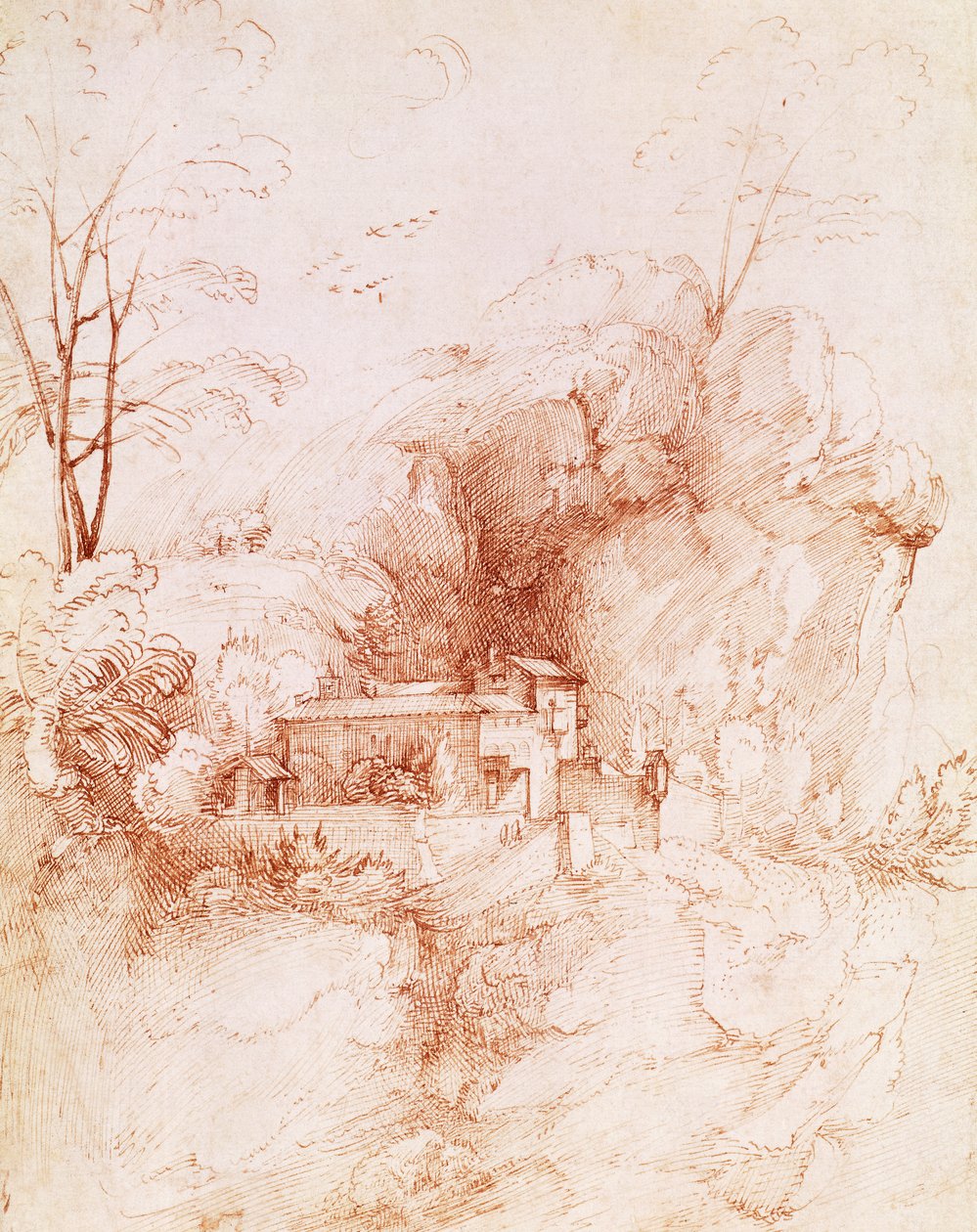 Skalisty krajobraz z klasztorem, rysunek Fra Bartolomeo (1472-1517). autorstwa Fra Bartolomeo