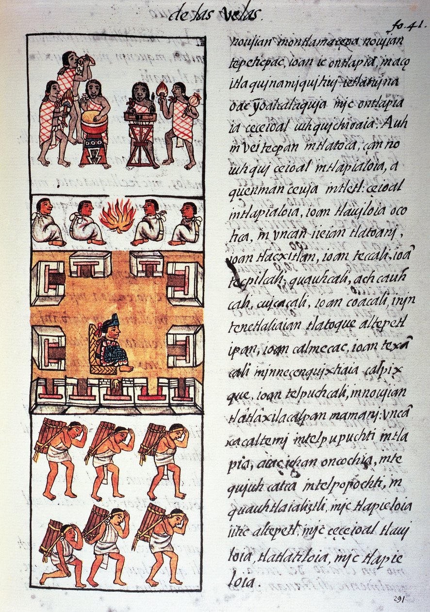 Społeczeństwo Azteków, muzycy, król i kupcy, tekst w języku nahuati, z faksymile rękopisu General History of Things of New Spain, znanego również jako Kodeks florencki, autorstwa Bernardino de Sahagun autorstwa Fra Bernadino da Sahagun