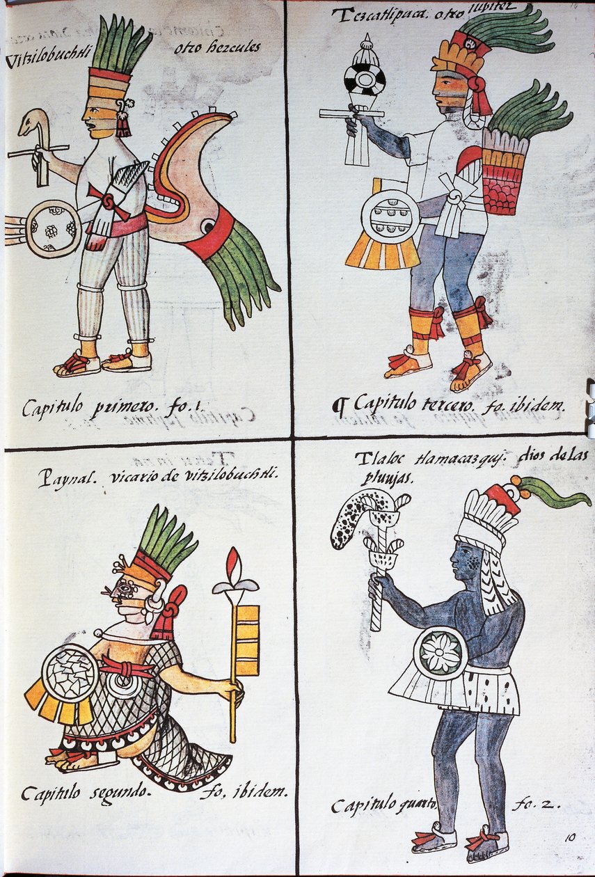 Bogowie starożytnych Meksykanów, Huitzilopochtli, Tezcatlipoca, Tlaloc i Paynal, tekst w języku hiszpańskim, z faksymile rękopisu General History of Things of New Spain, znanego również jako Kodeks florencki, autorstwa Bernardino de Sahagun autorstwa Fra Bernadino da Sahagun
