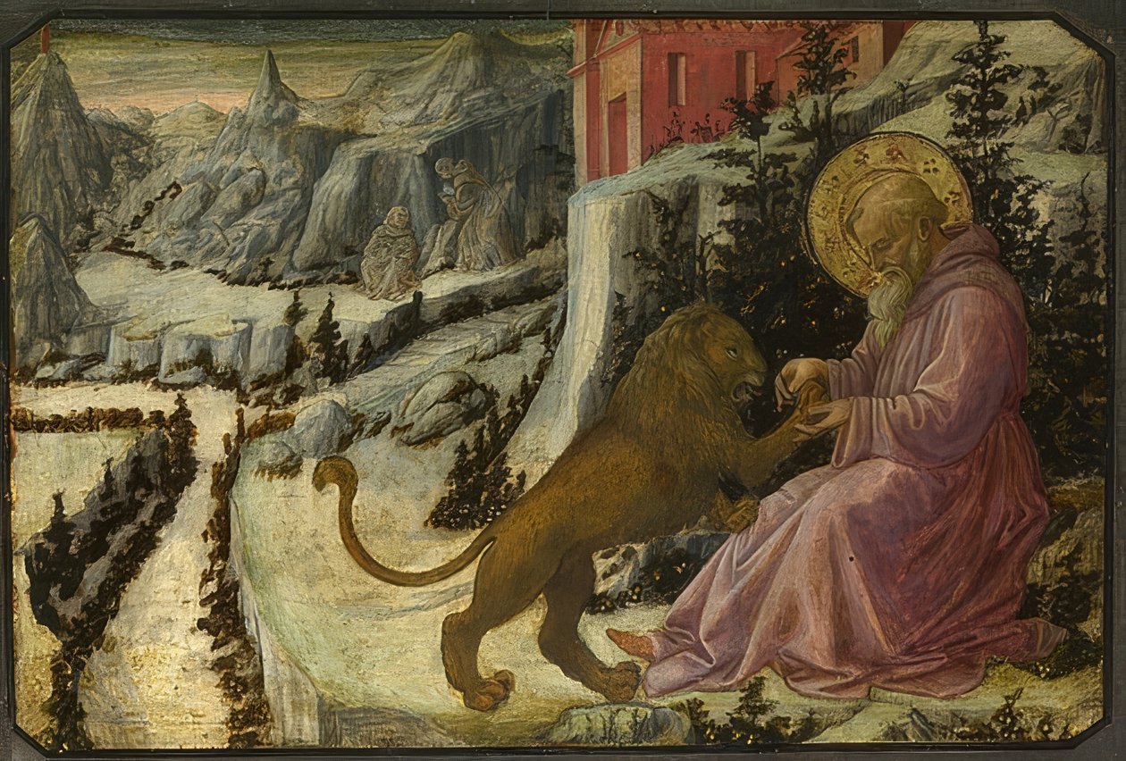 Święty Hieronim i lew (predella ołtarza Santa Trinità z Pistoi). 1455-60 autorstwa Fra Filippo Lippi