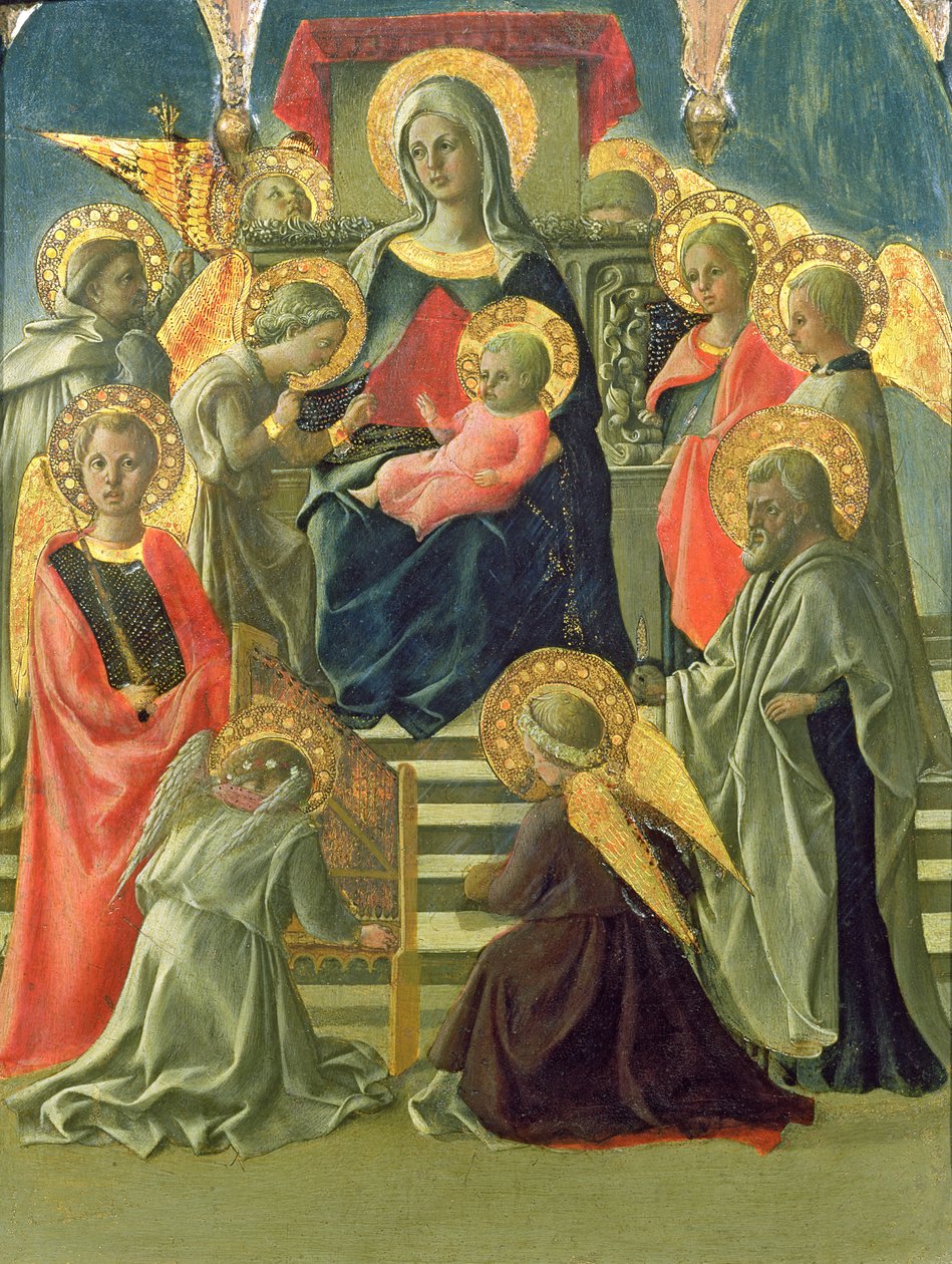 Madonna z Dzieciątkiem na tronie z aniołami i świętymi (tempera na desce) (patrz także 63779) autorstwa Fra Filippo Lippi