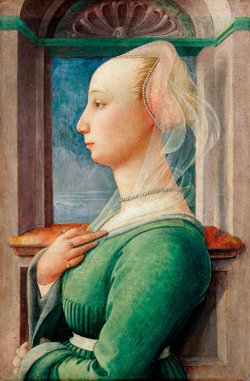 "Portret profilowy młodej kobiety" Obraz na drewnie Filippo Lippi (1406-1469), ok. 1445 - Olej na drewnie, 49,5x32,7 - Staatliche Museen, Berlin autorstwa Fra Filippo Lippi