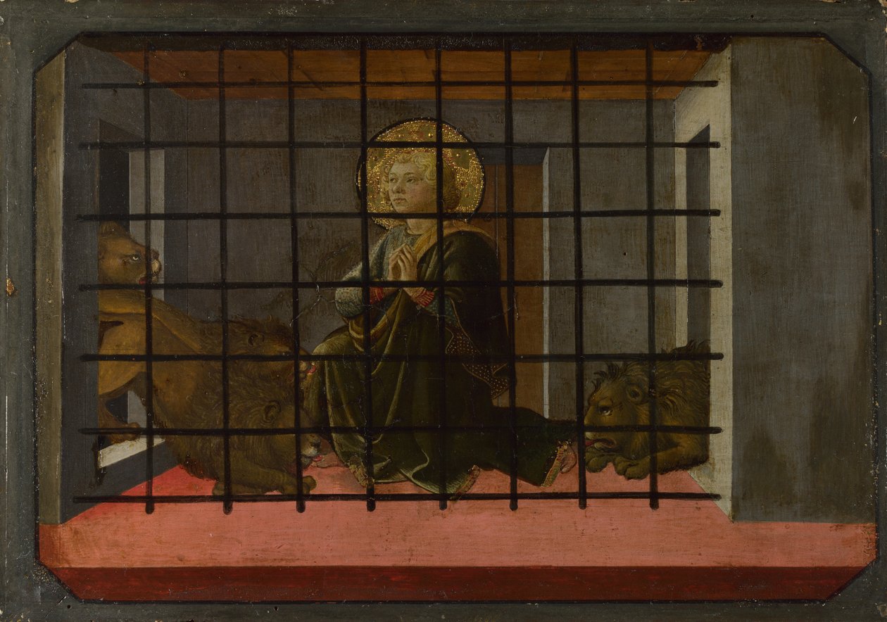 Święta Mama w więzieniu rzucona na panel Lions Predella na ołtarzu Pistoia Santa Trinità, 1455-1460 autorstwa Fra Filippo Lippi