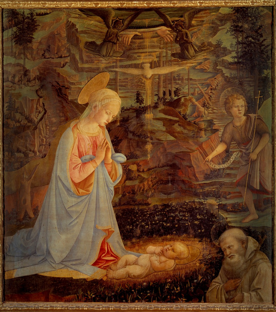 Dziewica, Dzieciątko Jezus, św. Jan Chrzciciel i św. Bernard z Clairvaux (San Bernardo di Chiaravalle) (1090 - 1153) Ten ostatni był założycielem Zakonu Cystersów i pierwszym patronem Zakonu Templariuszy. Detreme na w autorstwa Fra Filippo Lippi