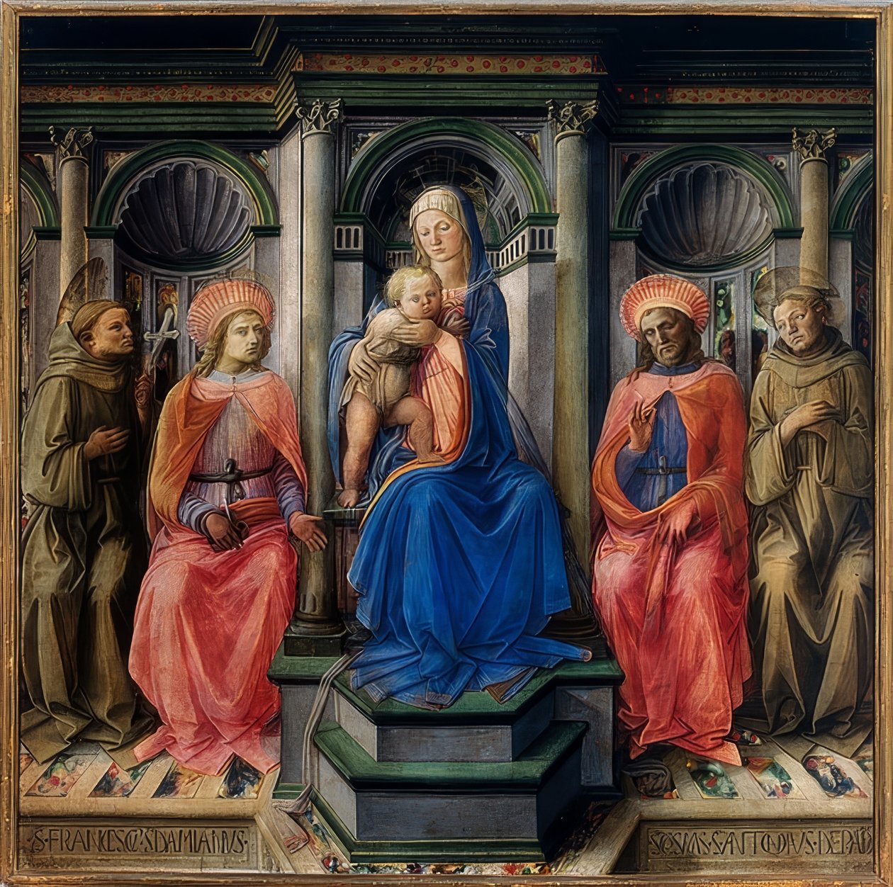 Maryja na tronie z Dzieciątkiem i świętymi Franciszkiem z Asyżu, Damianem, Kosmasem i Antoniuszem z Padwy. 1442 autorstwa Fra Filippo Lippi