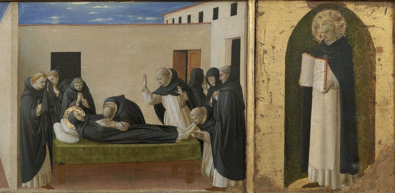 Śmierć św. Dominika i św. Tomasza z Akwinu. Poliptyk Cortona z predelli, c1437. autorstwa Fra Giovanni Angelico da Fiesole
