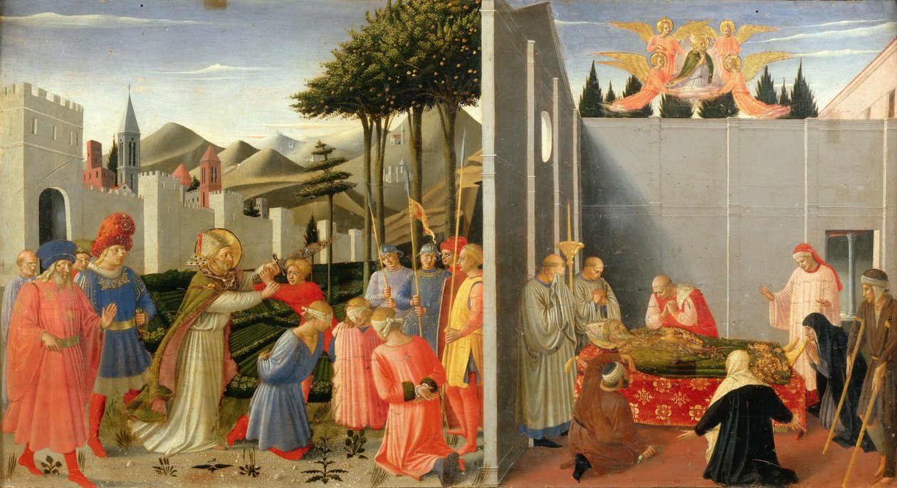 Święty Mikołaj uwalnia niewinnego człowieka skazanego na śmierć z ołtarza w Perugii, ok. 1437. autorstwa Fra Giovanni Angelico da Fiesole