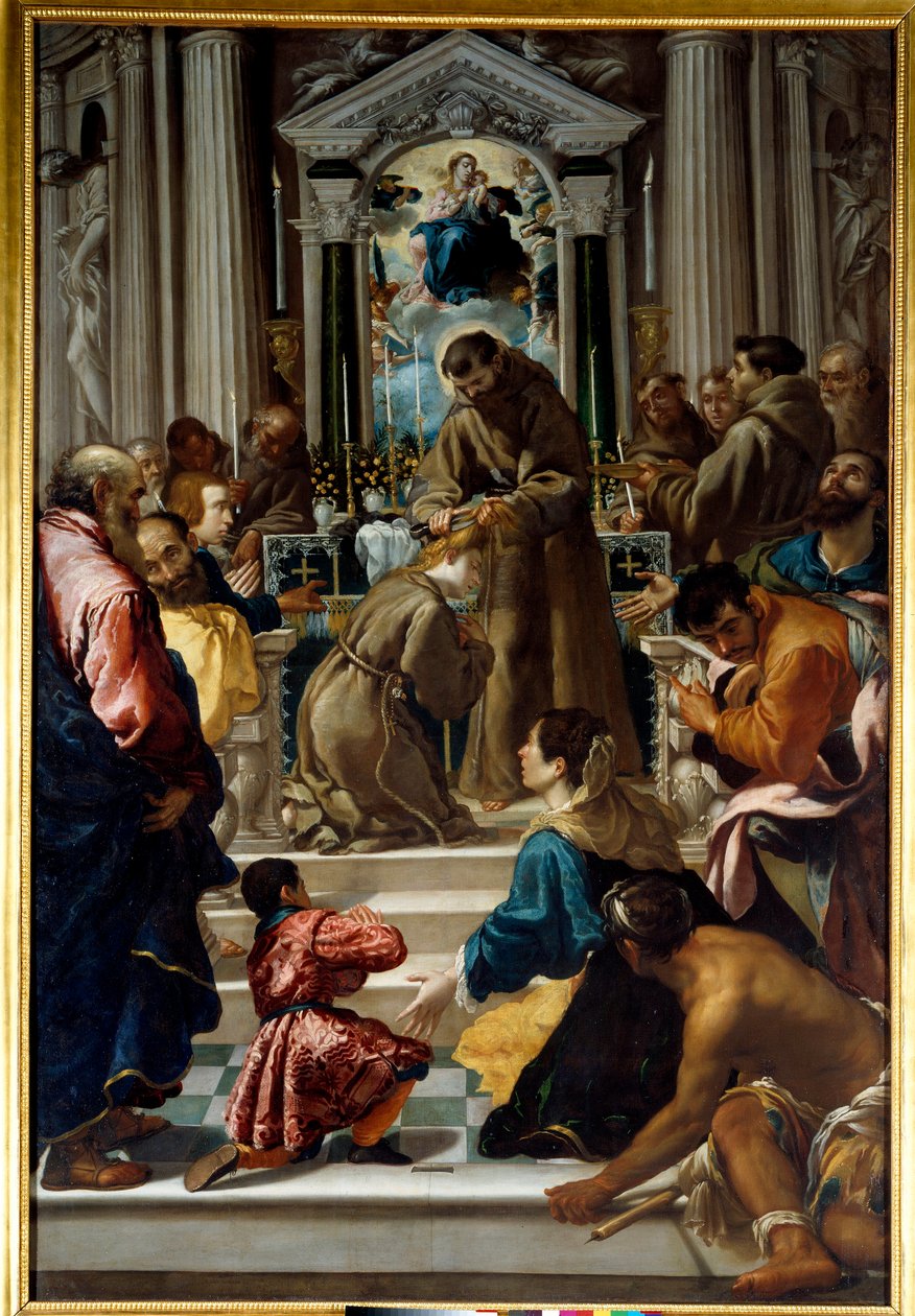 Św. Franciszek z Asyżu (1181-1223) obcina włosy Świętej Klarze (1193-1253). Obraz Semplice De Verona (1589-1654) Ec. Włochy. autorstwa Fra Semplice da Verona