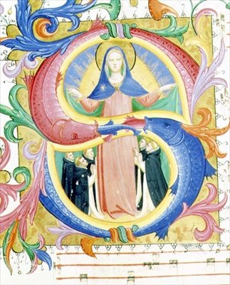 Mszał 558 f.156v Historyczny inicjał „S” przedstawiający Dziewicę ukrywającą błagalników pod płaszczem, ok. 1429-30 (welum) autorstwa Fra and Strozzi Zanobi di Benedetto Angelico