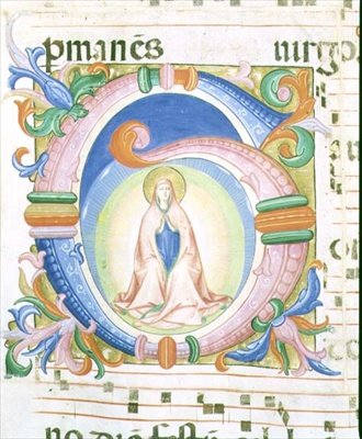 Mszał 558 f.92 Historyczny inicjał „G” przedstawiający modlącą się Dziewicę autorstwa Fra and Strozzi Zanobi di Benedetto Angelico