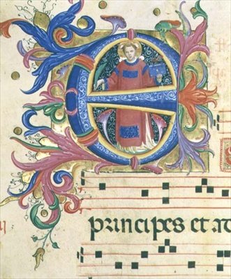 Mszał 558 f.156v Historyczny inicjał „E” przedstawiający św autorstwa Fra and Strozzi Zanobi di Benedetto Angelico