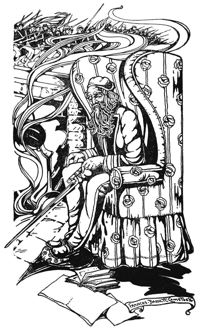 Przy ogniu bożonarodzeniowym, ilustracja z „The Bayonet-Poker” Samuela McChorda Crothersa, 1908 autorstwa Frances Bassett Comstock