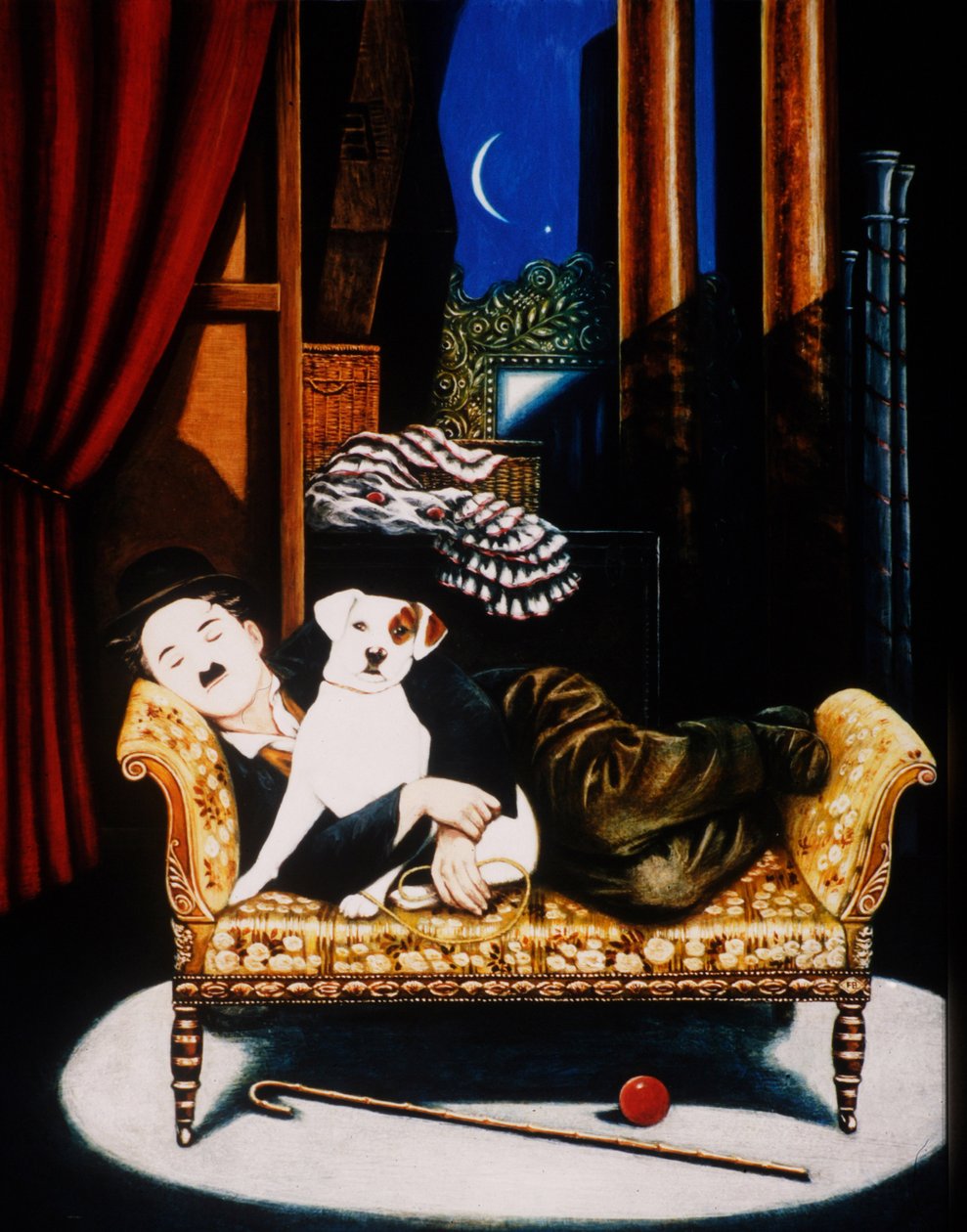 Charlie Chaplin and Scraps, 1992 (oleje i tempera na panelu) autorstwa Frances Broomfield