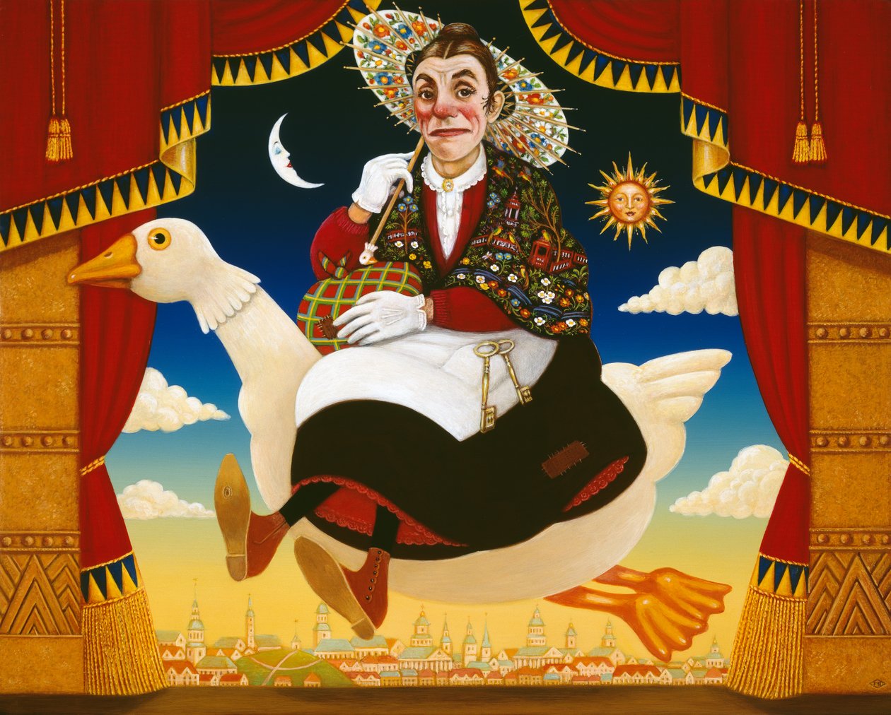Dan Leno (1860-1904) jako Matka Gęś, 1996 (olej i tempera na panelu) autorstwa Frances Broomfield