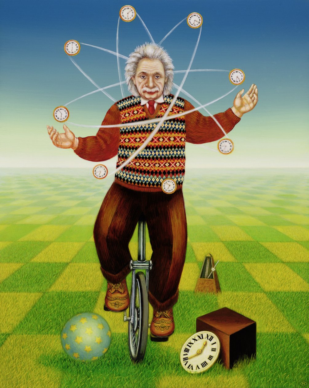 Einstein Żonglerka z czasem, 2000 (olej i tempera na panelu) autorstwa Frances Broomfield