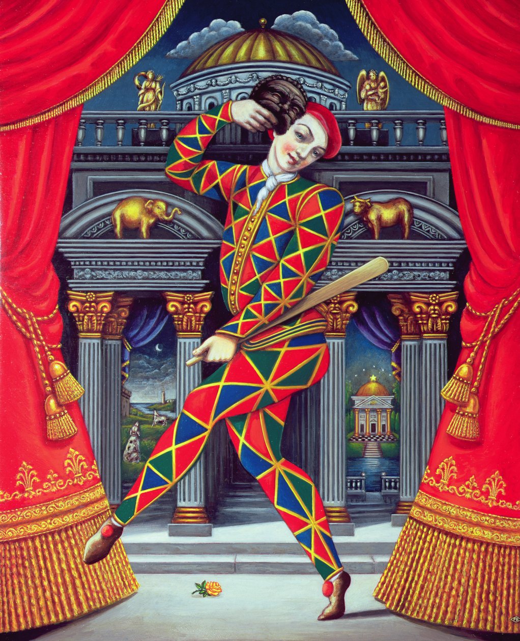 Arlekin u bram Rogu i Kości Słoniowej, 2007 (olej i tempera na panelu) autorstwa Frances Broomfield