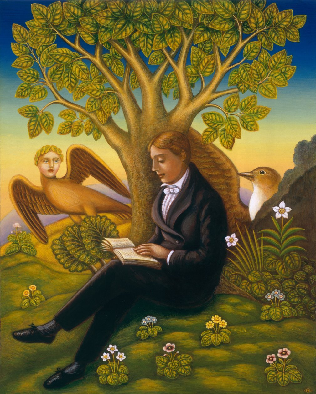 Keats (1795-1821) i Słowik, 2002 (olej i tempera na panelu) autorstwa Frances Broomfield