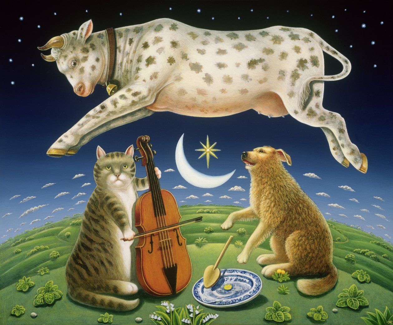 Kot i skrzypce, 2004 (olej i tempera na panelu) autorstwa Frances Broomfield