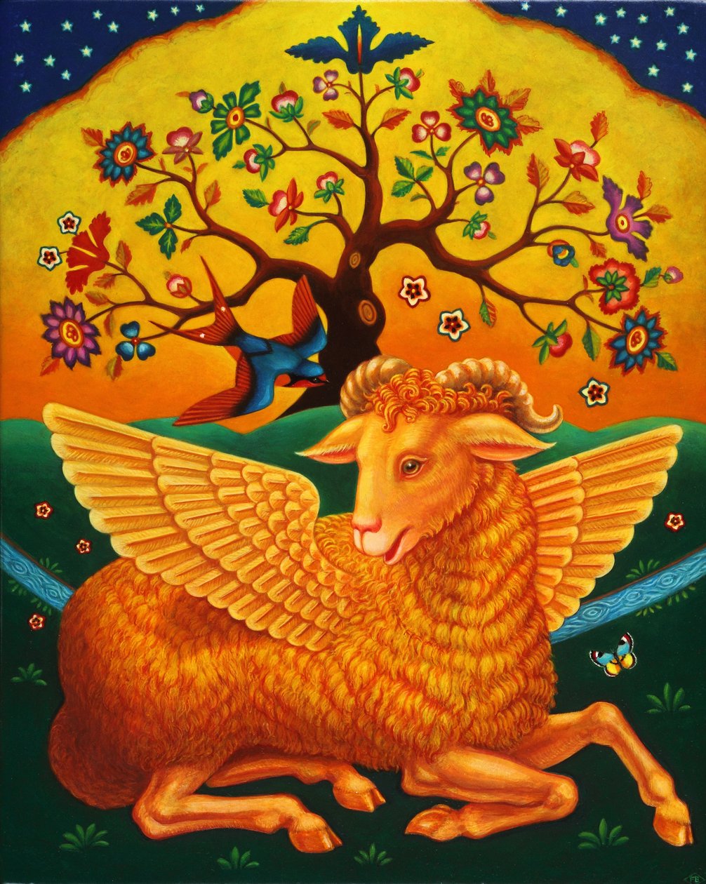 Baran ze złotym runem, 2011 (oleje i tempera na panelu) autorstwa Frances Broomfield