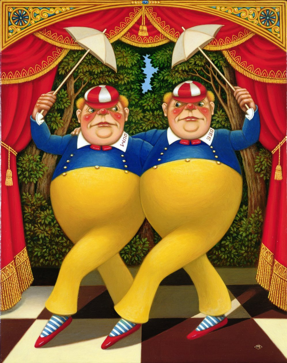 Tweedledum i Tweedledee, 1998 (olej i tempera na panelu) autorstwa Frances Broomfield