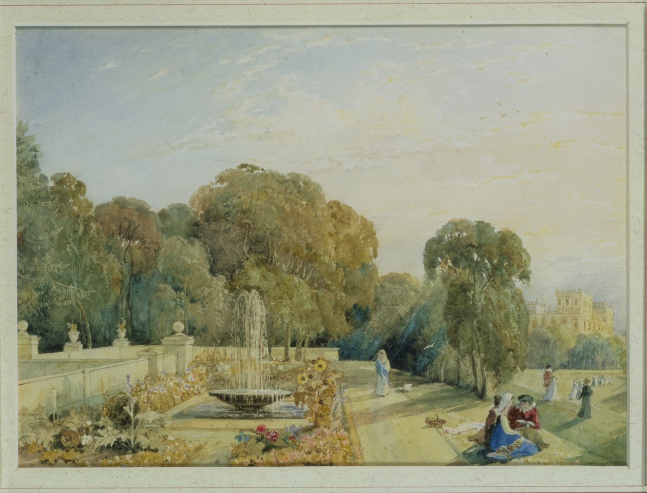 Widok na ogrody w Chatsworth, Derbyshire, c.1820 (para 85760) autorstwa Frances Elizabeth Swinburne