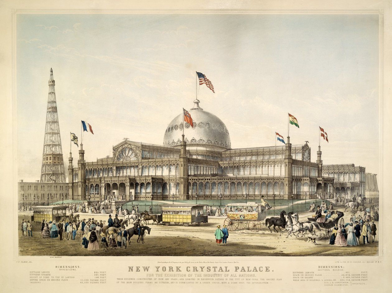 Pałac Kryształowy w Nowym Jorku, wyd. 1853 przez Currier i Ives autorstwa Frances Flora Bond Palmer