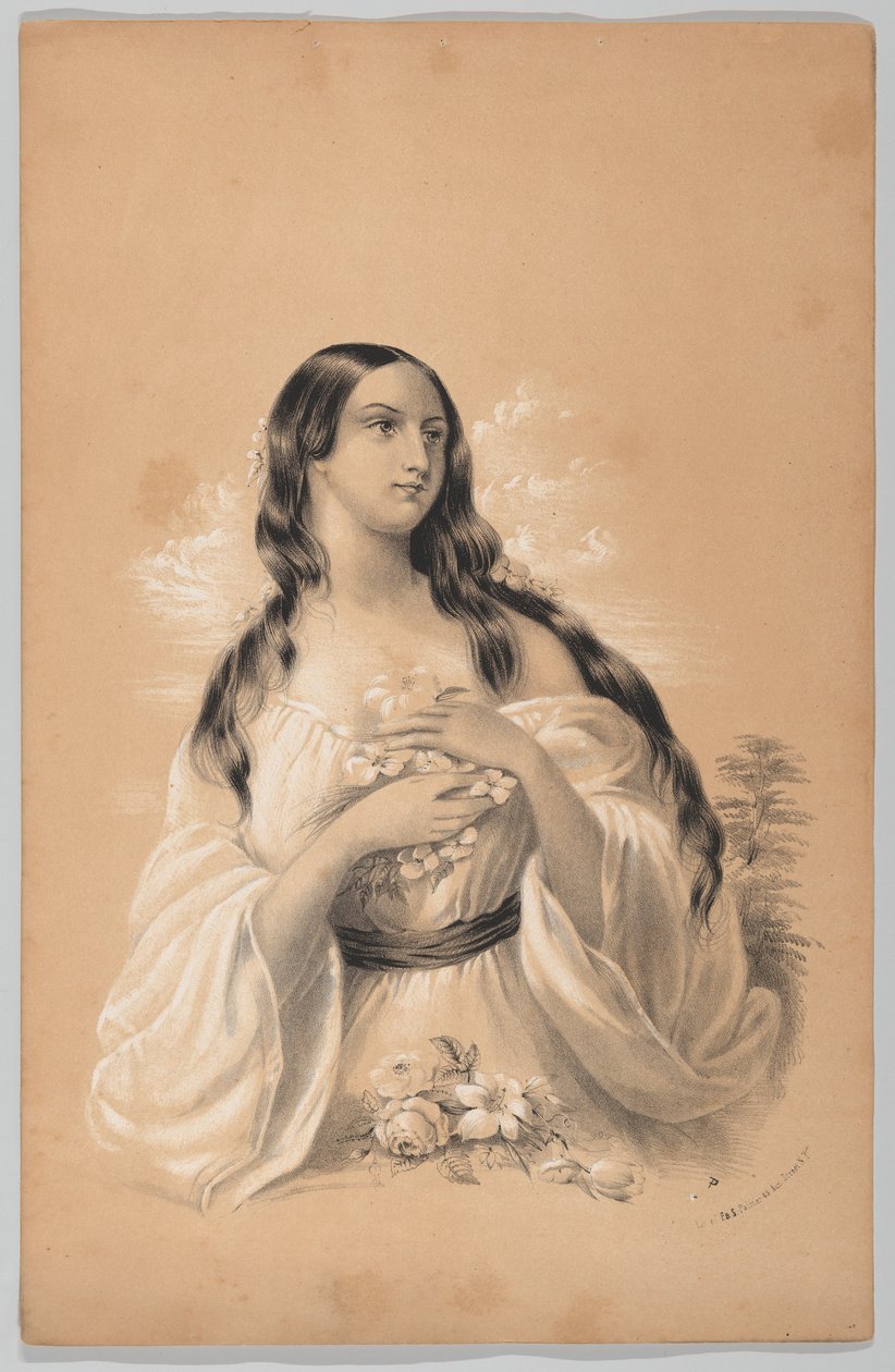 Kobieta trzymająca kwiaty, w nowojorskiej książce rysunkowej, zawierającej serię oryginalnych projektów..., 1847. autorstwa Frances Flora Bond Palmer
