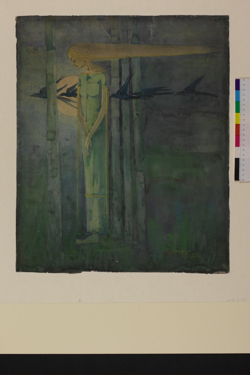 „Zły omen” lub „Dziewczyna na wschodnim wietrze z krukami przechodzącymi przez księżyc” 1893 autorstwa Frances Macdonald