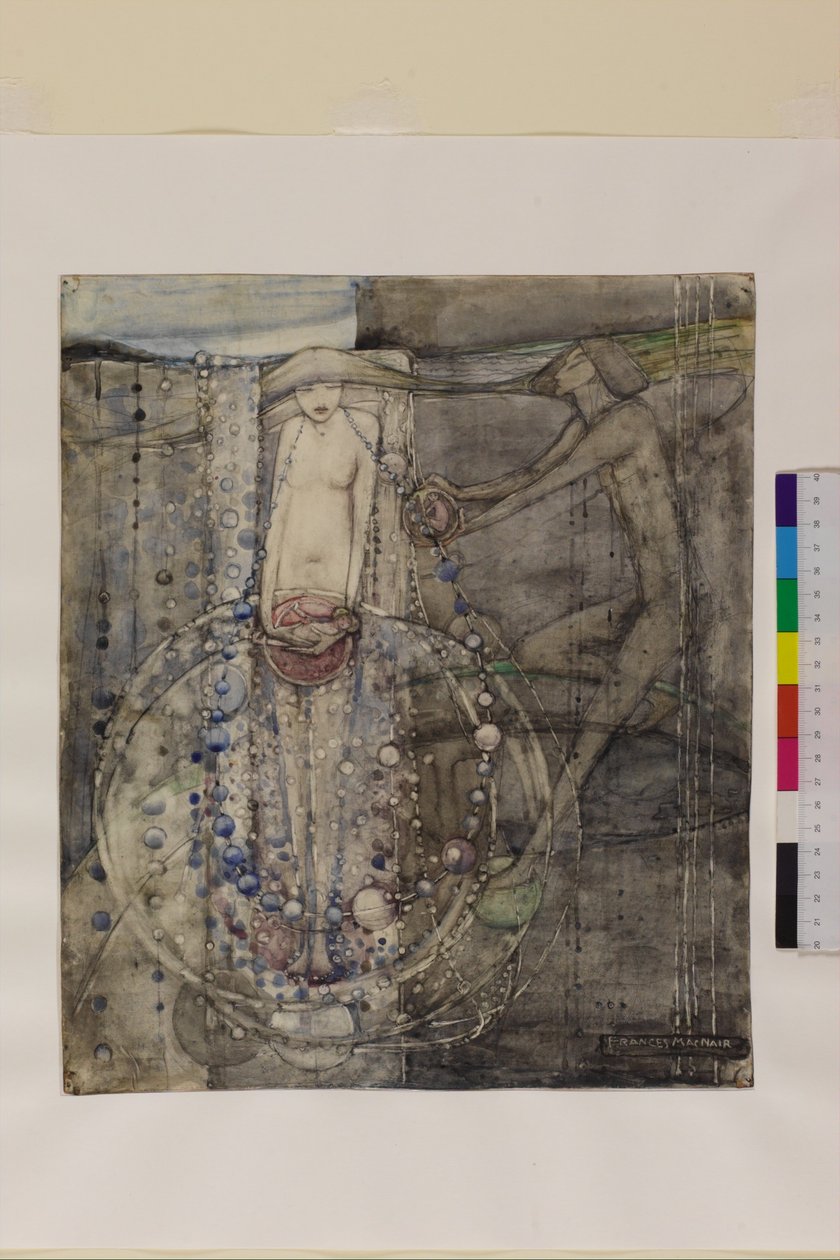 Mężczyzna robi koraliki życia, ale kobieta musi je nawlekać, ok. 1912-15 autorstwa Frances Macdonald