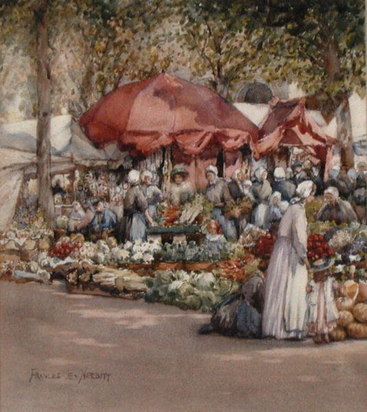 Dzień targowy, północna Francja ok. 1910 (akwarela na papierze) autorstwa Frances Nesbitt