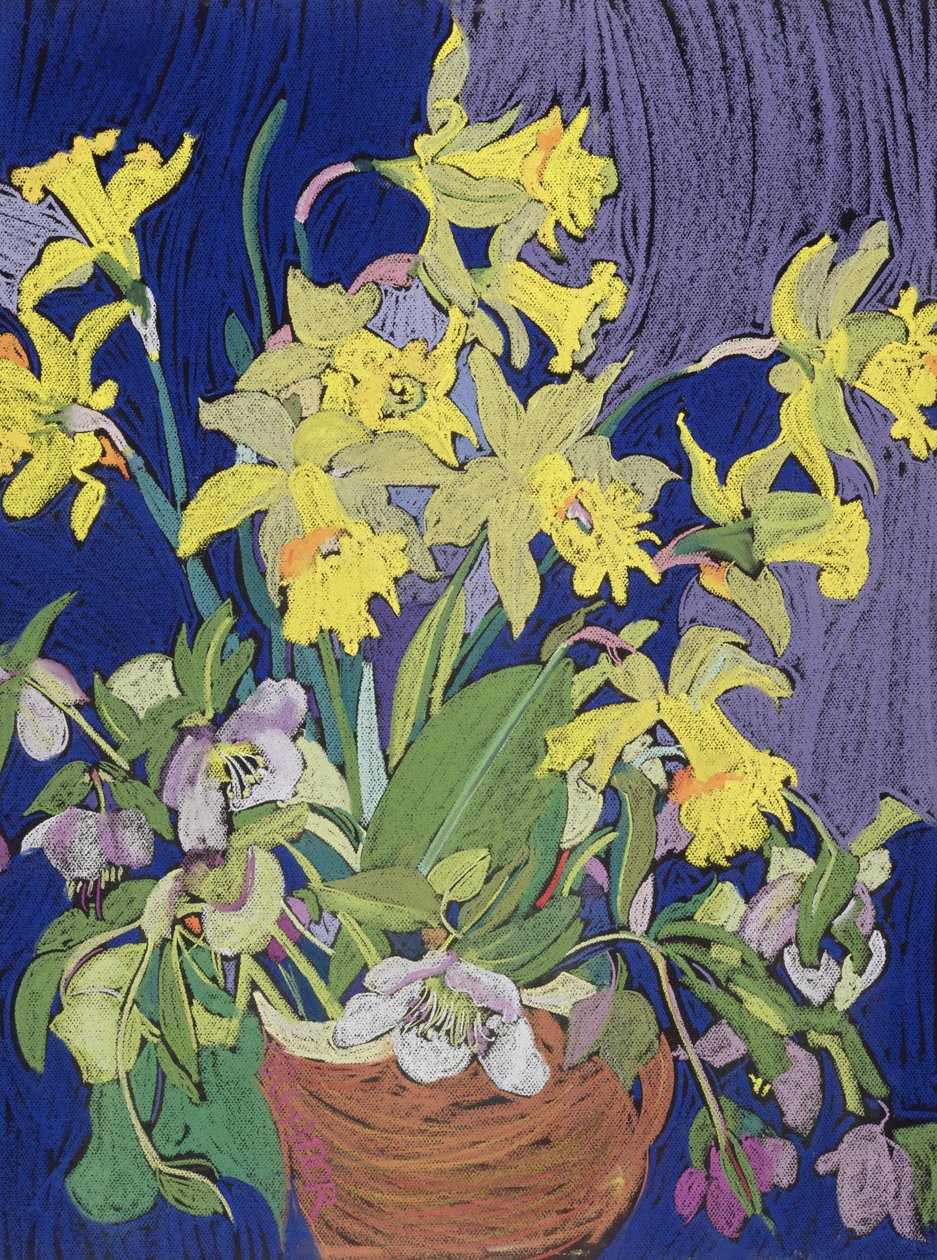 Żonkile z dzbankiem (pastel na płycie montażowej) autorstwa Frances Treanor