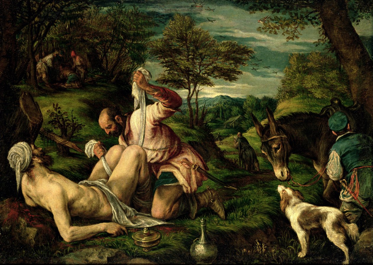 Przypowieść o dobrym Samarytaninie, 1575 autorstwa Francesco Bassano