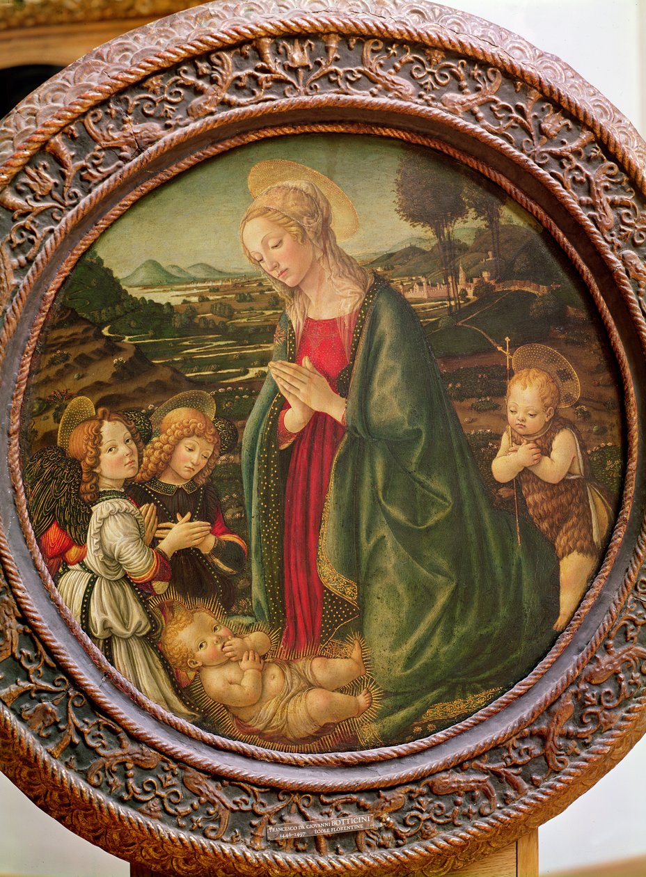 Matka Boska adorująca Dzieciątko Jezus ze św. Janem Chrzcicielem i dwoma aniołami (tempera na panelu) autorstwa Francesco Botticini