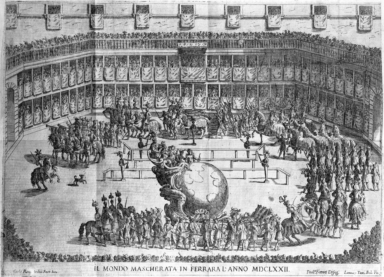 Procesja kuli ziemskiej, Ferrara, grawerowana przez Lorenzo Tintiego, 1672 autorstwa Francesco Ferrari