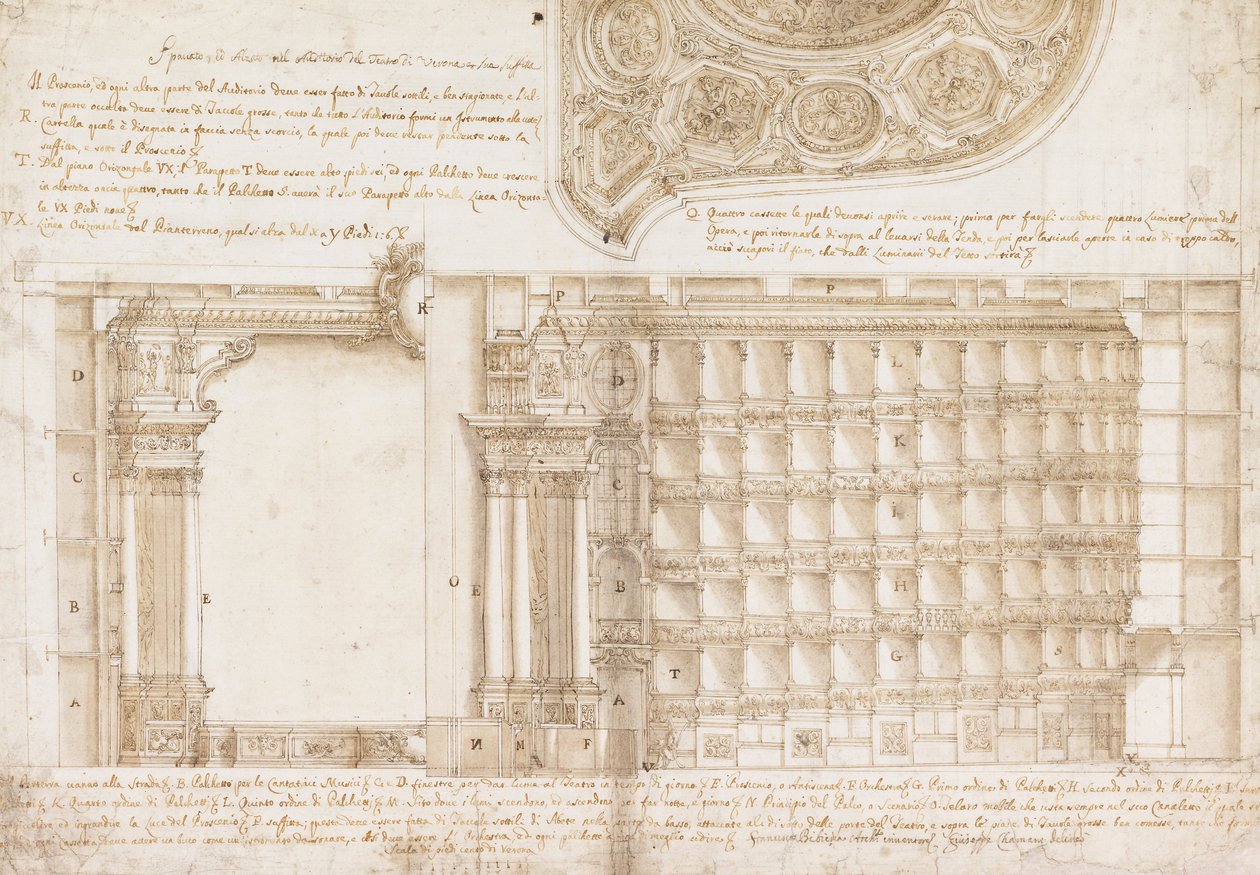 Teatro Filarmonico, Accademia Filarmonica, Werona, Włochy - Przekrój i sufit autorstwa Francesco Galli Bibiena