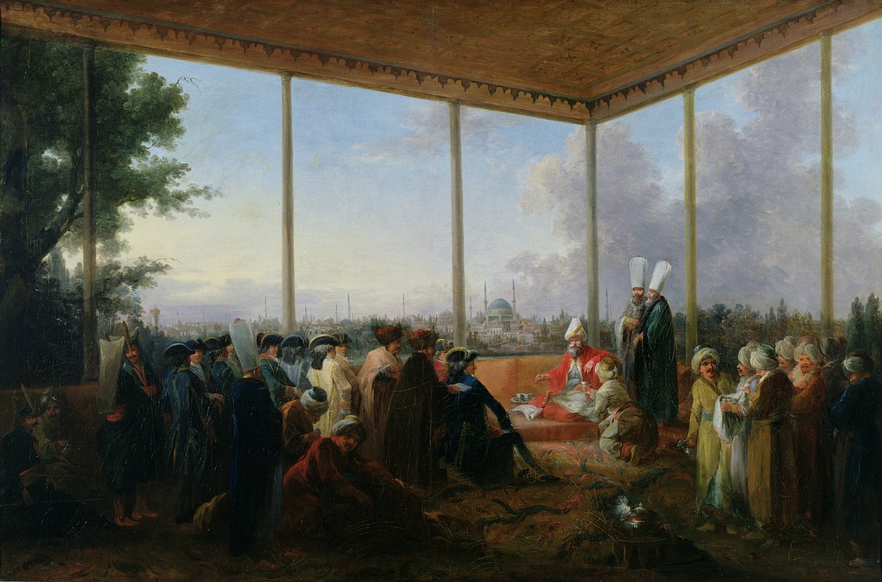 Audiencja wygłoszona w Konstantynopolu przez wielkiego wezyra Aimali Carac dla Francois-Emmanuela Guignarda (1735-1821) hrabiego de Saint-Priest, 18 marca 1779 autorstwa Francesco Giuseppe Casanova
