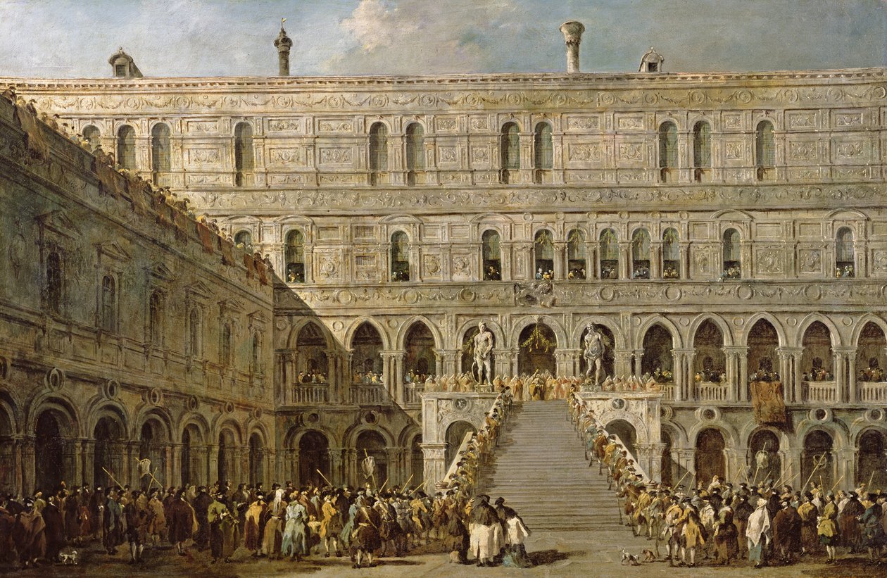 Koronacja Doży Wenecji na Scala dei Giganti w Palazzo Ducale autorstwa Francesco Guardi