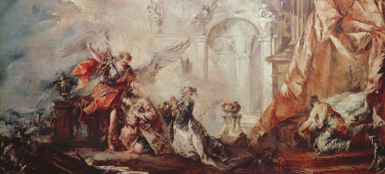 Wesele Tobiasza, fragment pary Sary i Tobiasza przed dziękczynieniem Bogu przez Rafaela, ok. 1750 olej na płótnie autorstwa Francesco Guardi