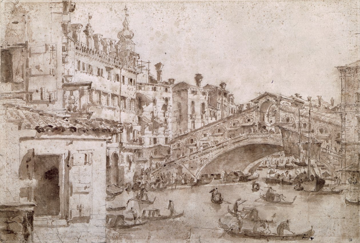 Most Rialto, Wenecja (pióro i brązowy tusz na papierze) autorstwa Francesco Guardi