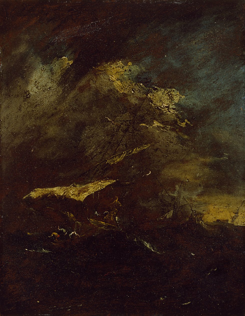 Dwa statki w czasie sztormu (olej na płycie, montowany jako rysunek) autorstwa Francesco Guardi