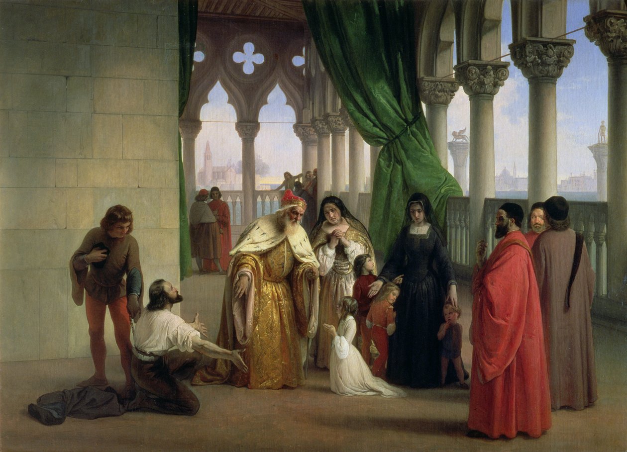 Dwaj Foscari: Francesco Foscari, doża wenecki (ok. 1372-1457) skazujący swojego syna Jacopo na wygnanie pod zarzutem zdrady korespondencji; temat dramatu poetyckiego Bryona "Dwaj Foscari". autorstwa Francesco Hayez