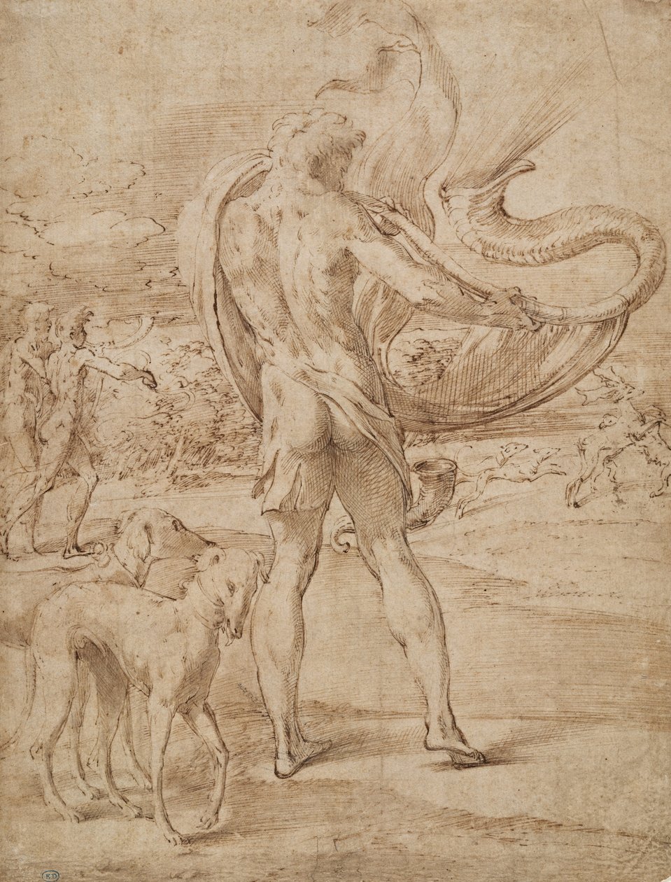 Myśliwi grający w róg z jeleniem w oddali autorstwa Parmigianino