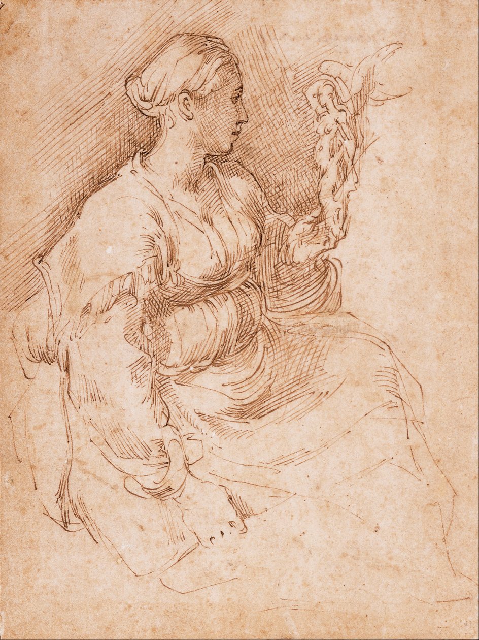 Siedząca kobieta trzymająca statuetkę zwycięstwa autorstwa Parmigianino